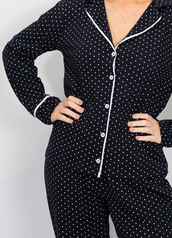 Piante Pijamas - Pijama Americano Longo Algodão Filete Poá Preto 6