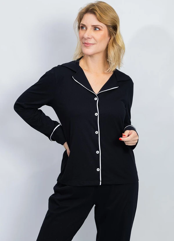 Piante Pijamas - Pijama Americano Longo Algodão Filete Preto 4