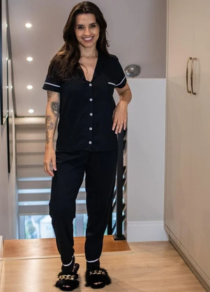 Piante Pijamas - Pijama Americano Manga Curta com Calça Preto - PIANTE PIJAMAS