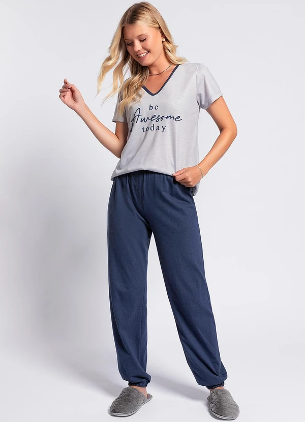 Alma Dolce - Pijama Azul Marinho em Malha de Algodão