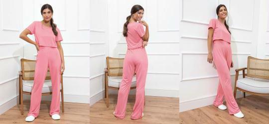 Pijama Blusa Cropped e Flare Rosa