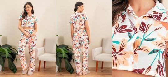 Pijama com Gola e Manga Curta Folhagem Off White