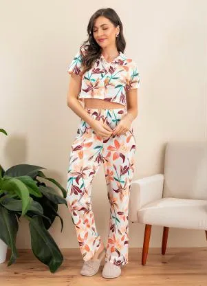 Alma Dolce - Pijama com Gola e Manga Curta Folhagem Off White - ALMA DOLCE
