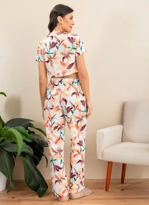 Alma Dolce - Pijama com Gola e Manga Curta Folhagem Off White - ALMA DOLCE