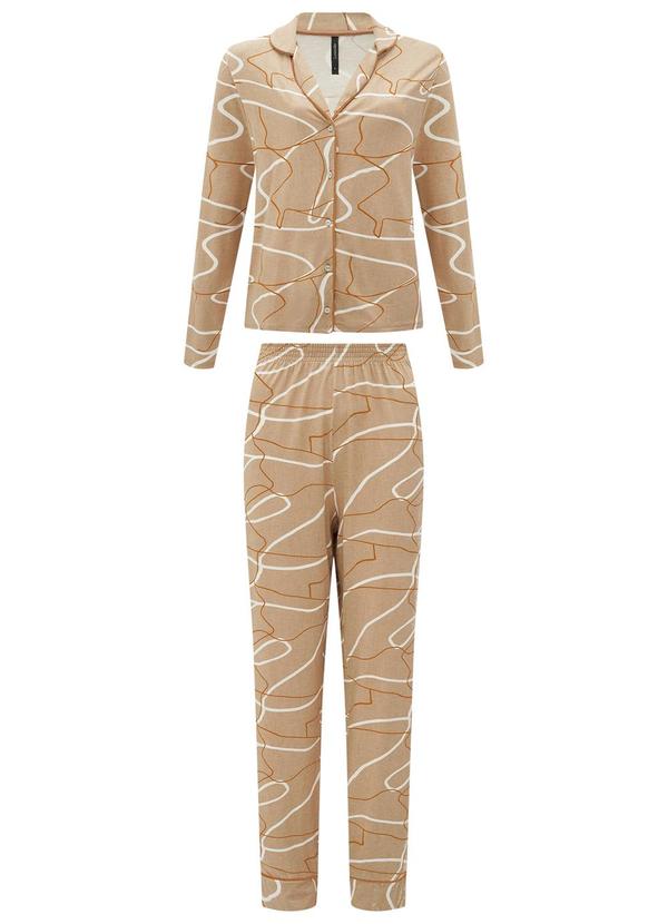 Lunender - Pijama Estampado com Calça e Camisa Bege