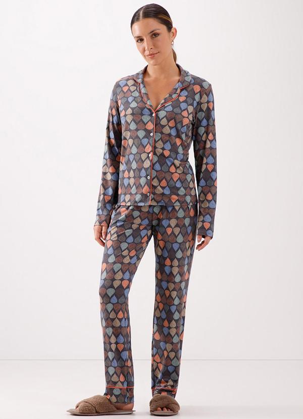 Lunender - Pijama Estampado com Calça e Camisa Cinza