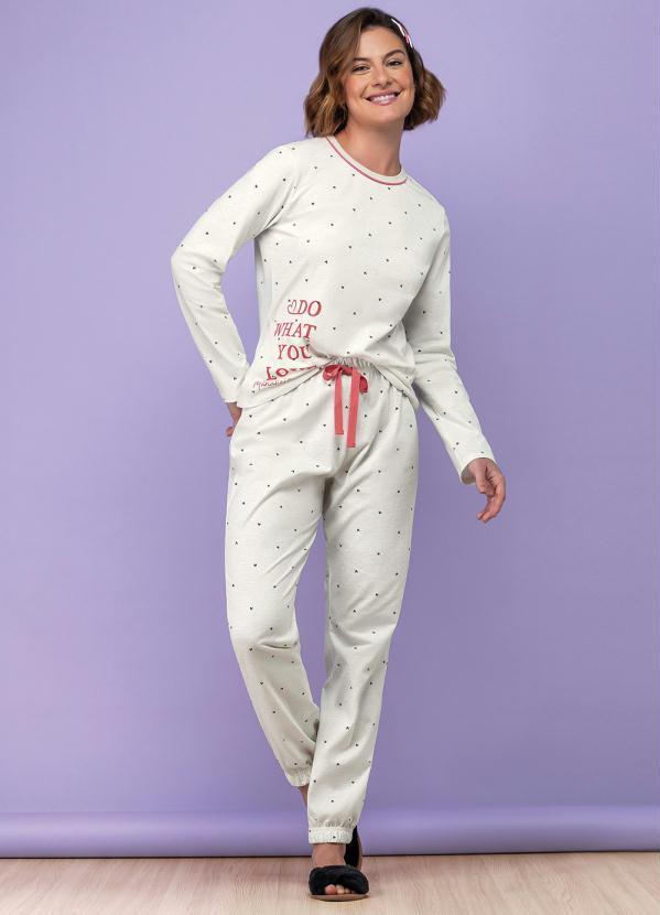 Marialícia - Pijama Feminino Adulto Blusa e Calça Bege