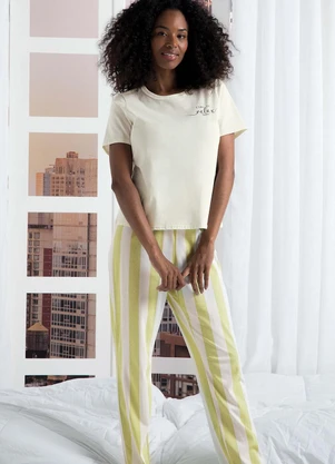 Marialícia - Pijama Feminino Blusa e Calça Bege - MARIALÍCIA