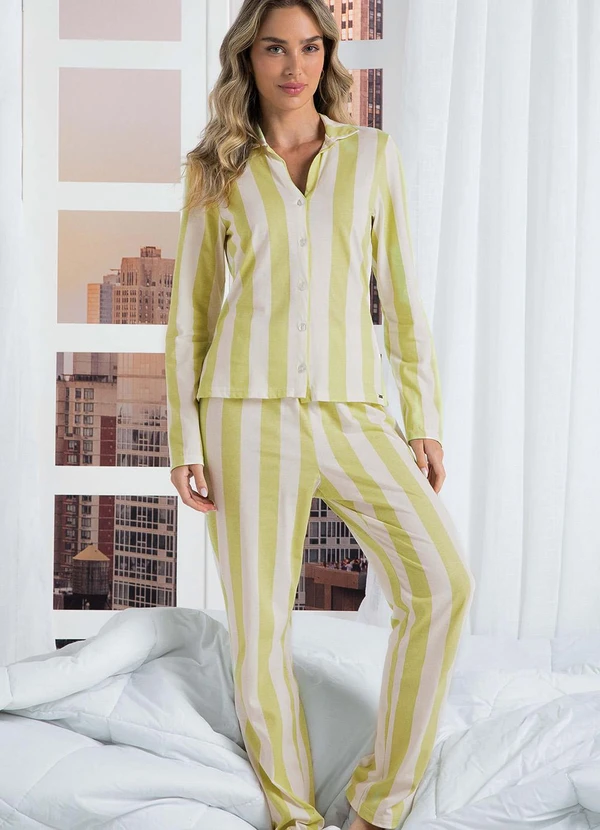 Marialícia - Pijama Feminino Camisa e Calça Estampados Verde