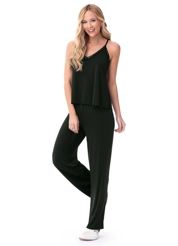 Zee Rucci - Pijama Feminino de Alça com Renda Preto