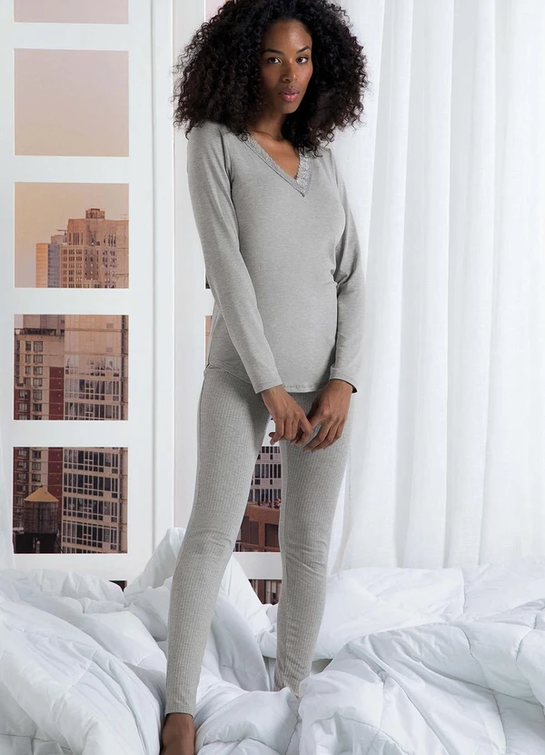 Marialícia - Pijama Feminino Longo com Renda Cinza