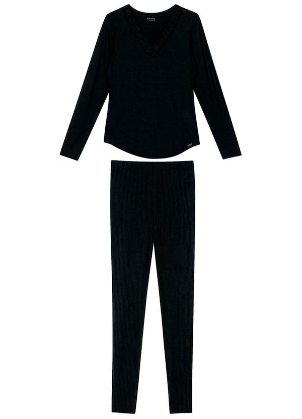 Marialícia - Pijama Feminino Longo com Renda Preto