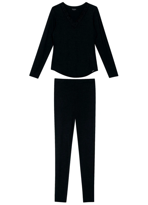 Marialícia - Pijama Feminino Longo com Renda Preto