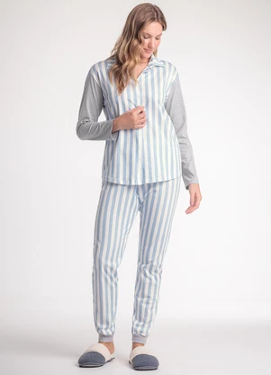 Espaço Pijama - Pijama Feminino Manga Longa com Calça Azul - ESPAÇO PIJAMA