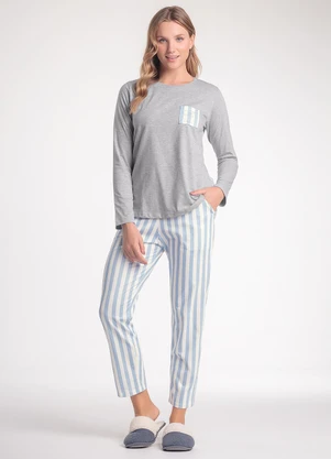 Espaço Pijama - Pijama Feminino Manga Longa com Calça Azul - ESPAÇO PIJAMA
