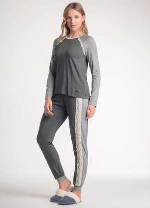 Espaço Pijama - Pijama Feminino Manga Longa com Calça Cinza - ESPAÇO PIJAMA