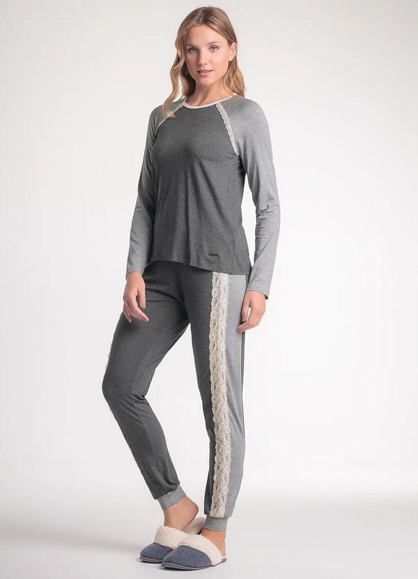 Espaço Pijama - Pijama Feminino Manga Longa com Calça Cinza