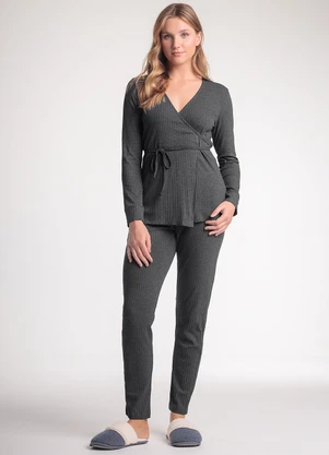 Espaço Pijama - Pijama Feminino Manga Longa com Calça Cinza - ESPAÇO PIJAMA