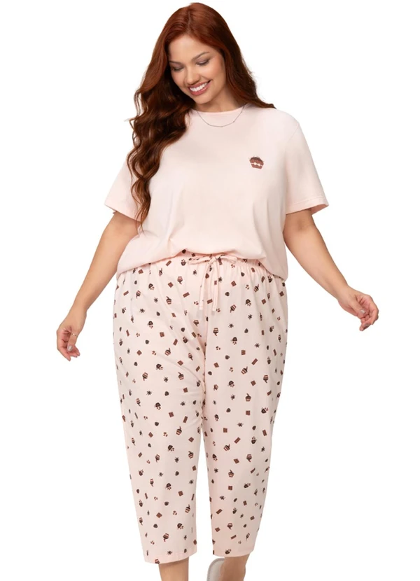 Zee Rucci - Pijama Feminino Plus Blusa Manga Curta Rosa