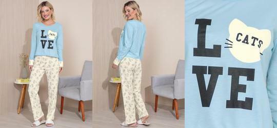 Pijama Longo com Estampa Azul Claro