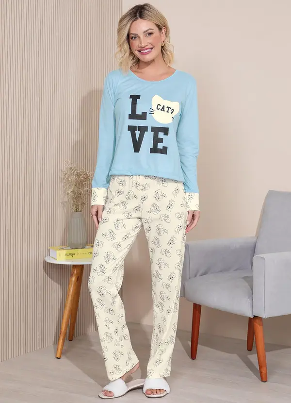 Alma Dolce - Pijama Longo com Estampa Azul Claro