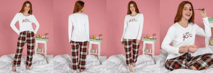 Pijama Longo com Estampa Frontal Branco e Xadrez