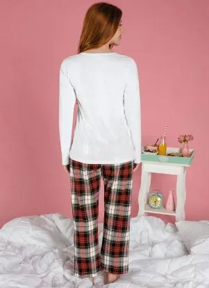 Alma Dolce - Pijama Longo com Estampa Frontal Branco e Xadrez - ALMA DOLCE