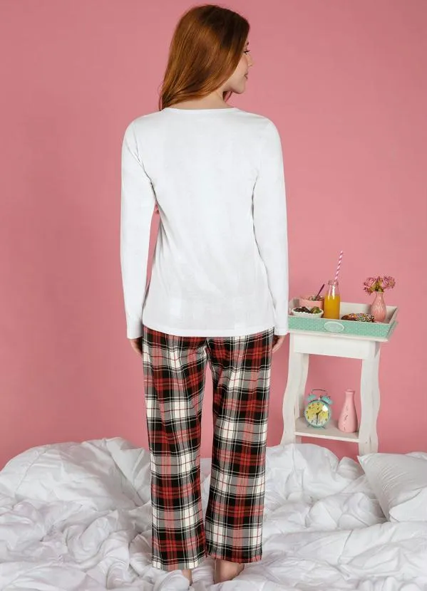 Alma Dolce - Pijama Longo com Estampa Frontal Branco e Xadrez 2