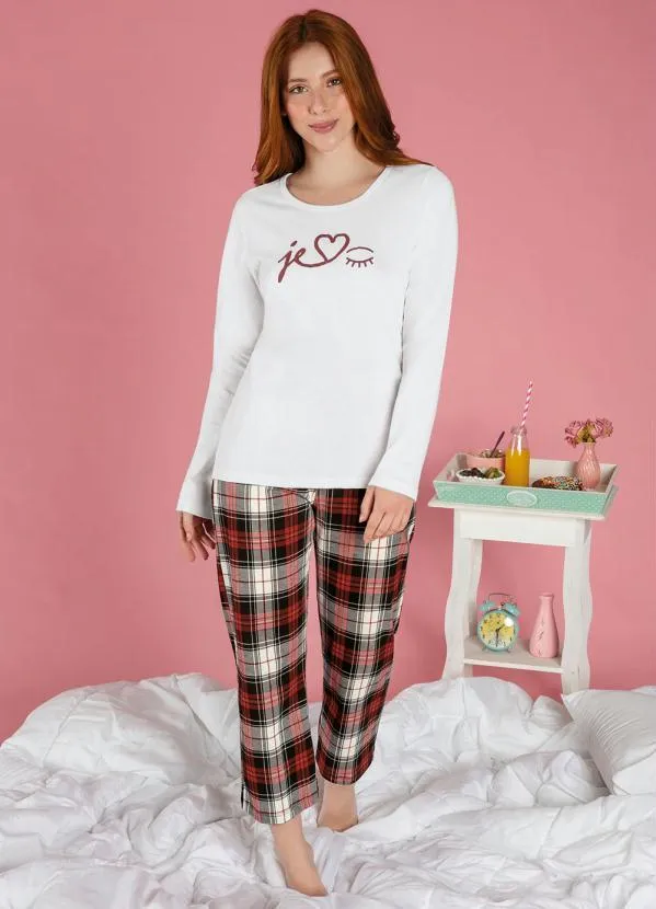Alma Dolce - Pijama Longo com Estampa Frontal Branco e Xadrez 3