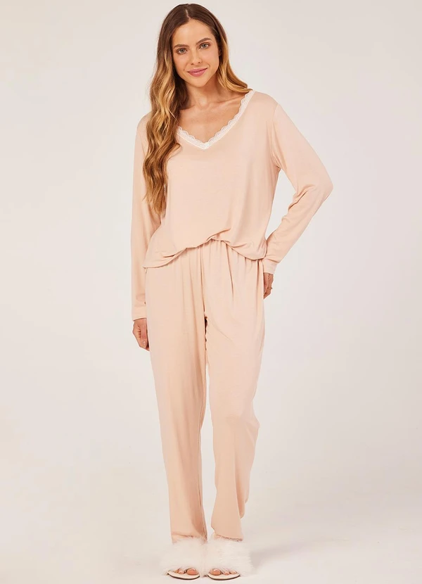 Anna Kock - Pijama Longo Detalhes em Renda Rosa
