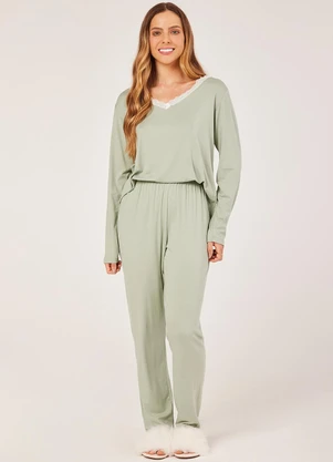 Anna Kock - Pijama Longo Detalhes em Renda Verde - ANNA KOCK