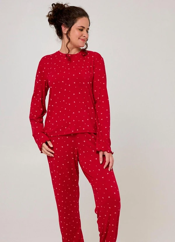 Rovitex - Pijama Longo Feminino Corações Ribana Vermelho