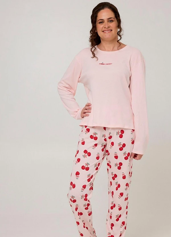 Rovitex - Pijama Longo Feminino Meia Malha Rosa