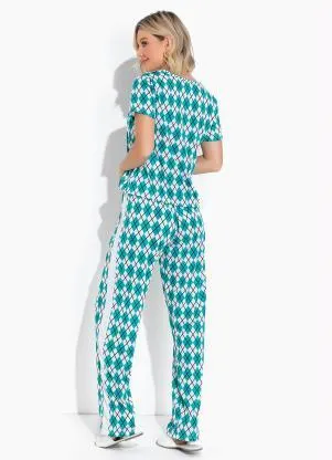 Alma Dolce - Pijama Longo Jussara Verde e Branco - ALMA DOLCE