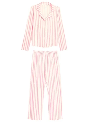 Malwee - Pijama Longo Listrado em Malha Viscose Rosa - MALWEE