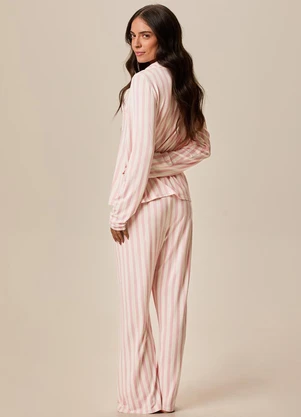 Malwee - Pijama Longo Listrado em Malha Viscose Rosa - MALWEE