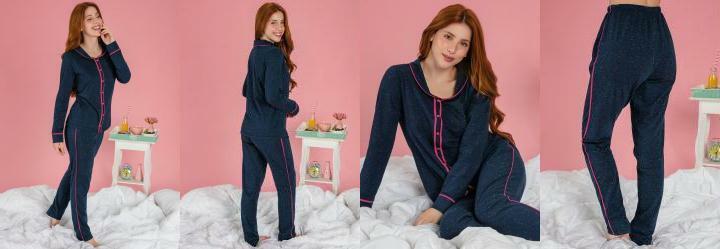 Pijama Longo Marinho e Pink com Bot�es