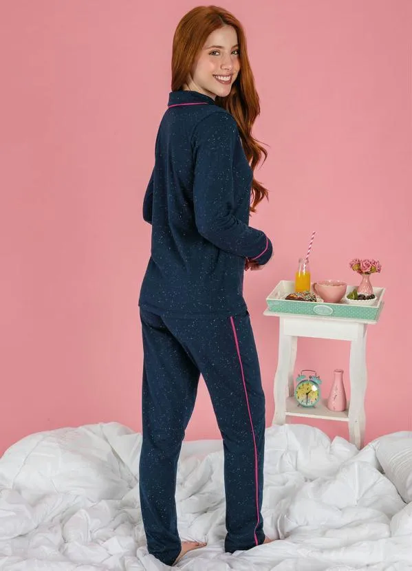 Alma Dolce - Pijama Longo Marinho e Pink com Botões 2