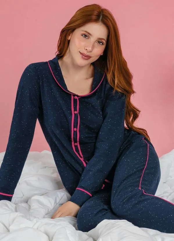 Alma Dolce - Pijama Longo Marinho e Pink com Botões 3
