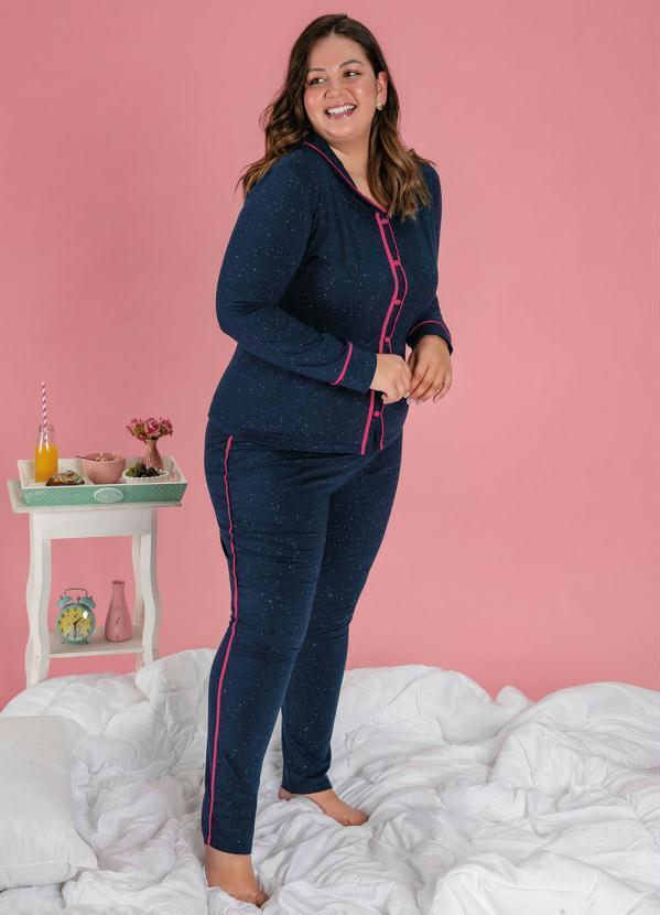 Alma Dolce - Pijama Longo Marinho e Pink com Botões