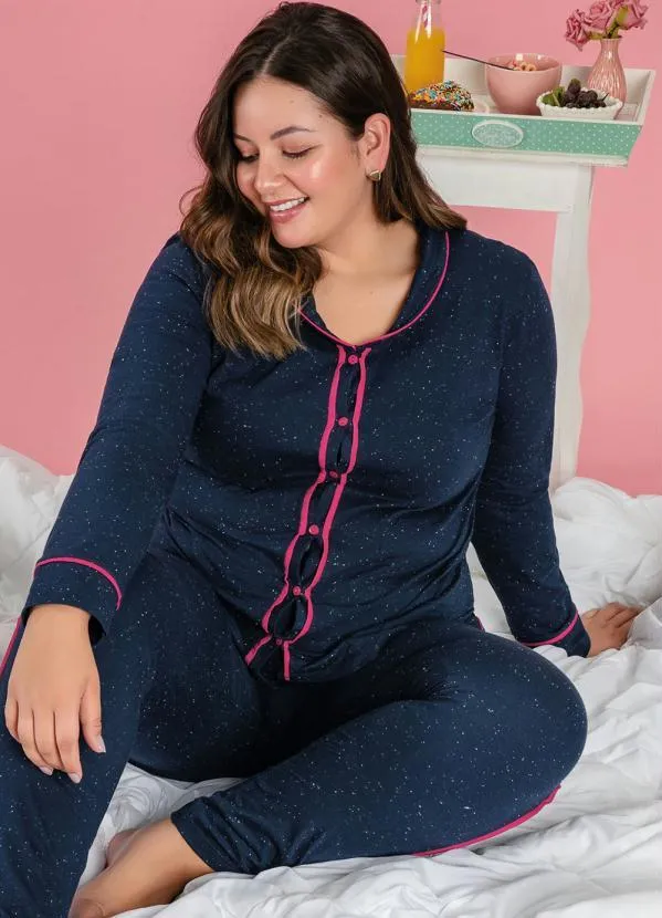 Alma Dolce - Pijama Longo Marinho e Pink com Botões 8