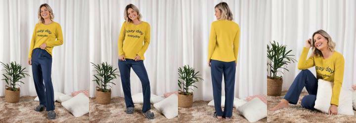 Pijama Longo Marinho/Mostarda