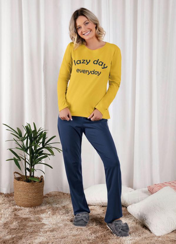 Alma Dolce - Pijama Longo Marinho/Mostarda 2