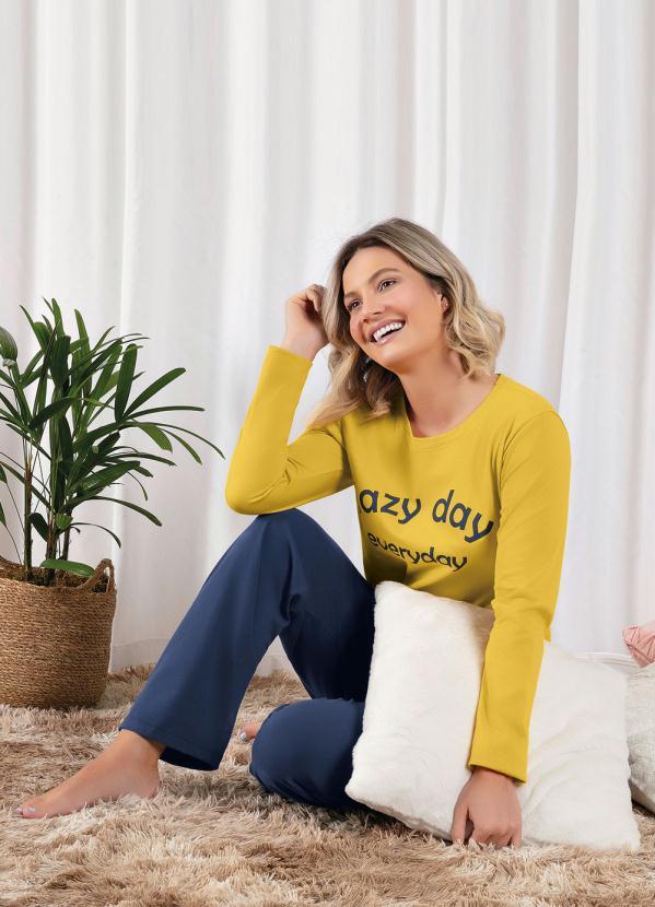 Alma Dolce - Pijama Longo Marinho/Mostarda 4