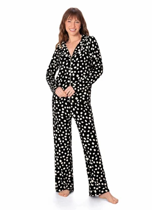 Malwee - Pijama Longo Poá em Malha Viscose Preto - MALWEE