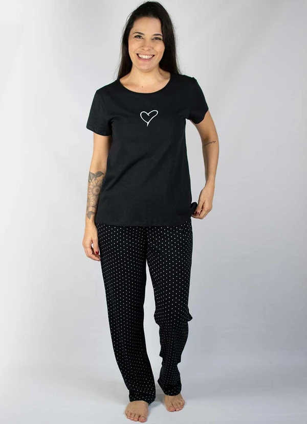 Piante Pijamas - Pijama Manga Curta Algodão Coração Preto