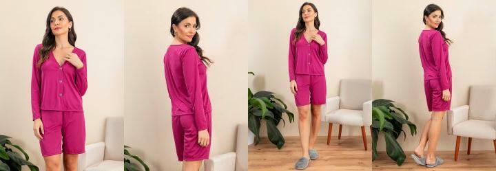 Pijama Manga Longa com Abertura de Boto Pink