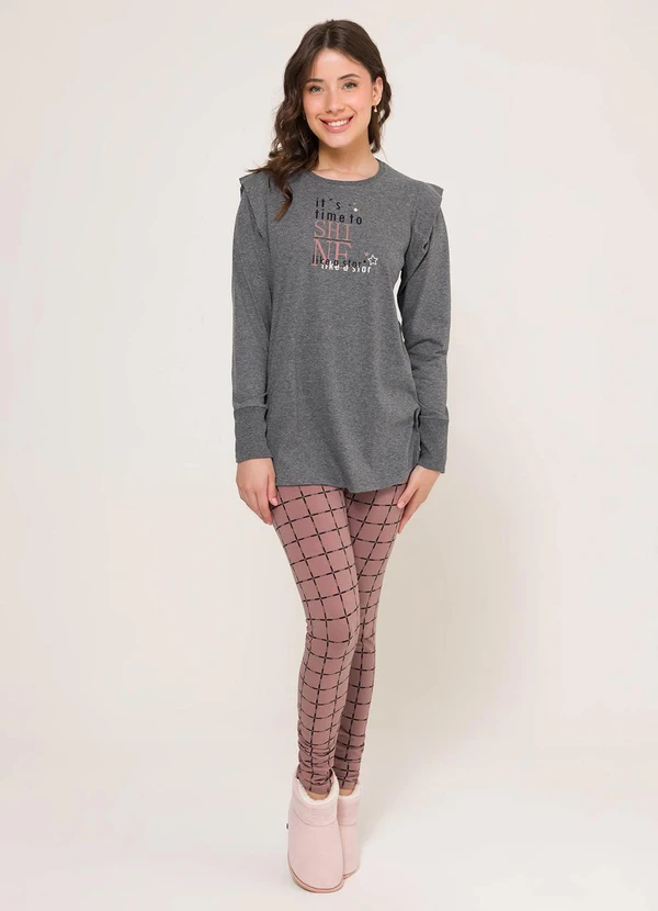 Espaço Pijama - Pijama Manga Longa com Legging Mescla e Marrom