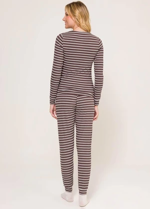 Espaço Pijama - Pijama Manga Longa de Ribana Listrado Marrom - ESPAÇO PIJAMA