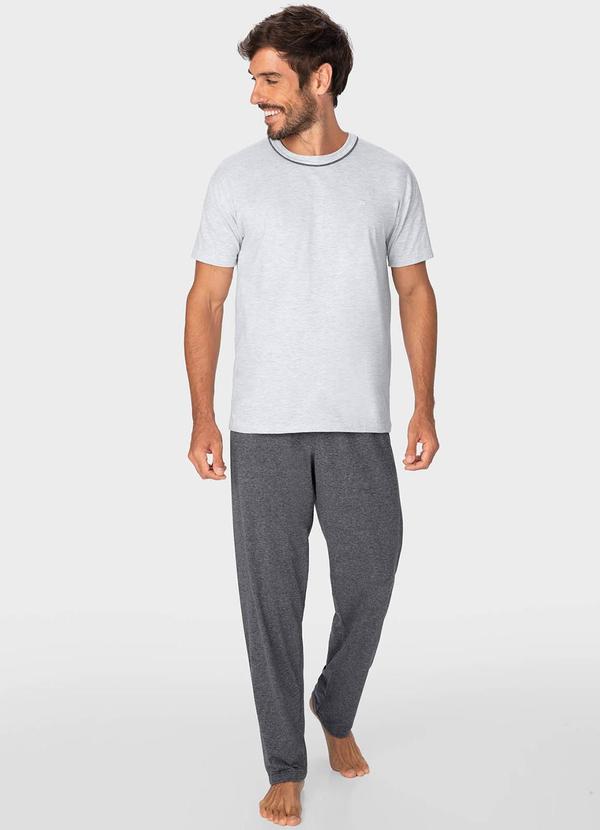 Malwee - Pijama Cinza Claro Masculino Longo com Bordado